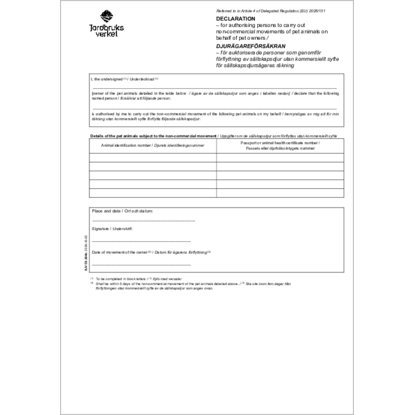 Omslags bild för Declaration  for authorising persons to carry out non-commercial movements of pet animals on behalf of pet owners / Djurägareförsäkran för auktoriserade personer som genomför förflyttning av sällskapsdjur utan kommersiellt syfte