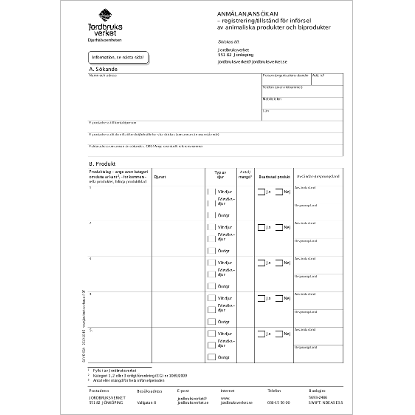Omslags bild f�r ANM�LAN/ANS�KAN - registrering/tillst�nd f�r inf�rsel av animaliska produkter och biprodukter
