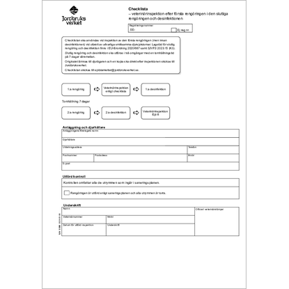 Omslags bild f�r Checklista - veterin�rinspektion efter f�rsta reng�ringen i den slutliga reng�ringen och desinfektionen
