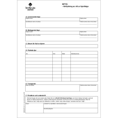 Omslags bild fr INTYG - frflyttning av vilt ur hjorthgn