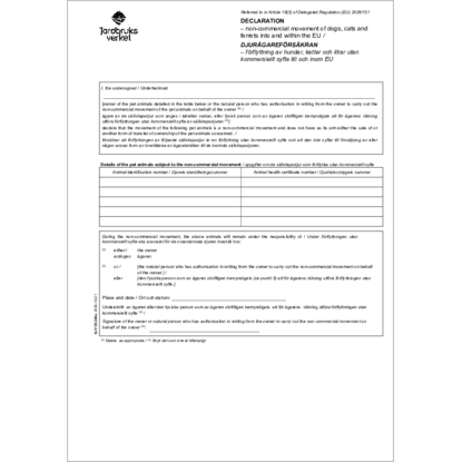 Omslags bild för Declaration of non-commercial movement of dogs, cats and ferrets into and within the EU / Djurägareförsäkran för förflyttning av hundar, katter och illrar utan kommersiellt syfte till och inom EU