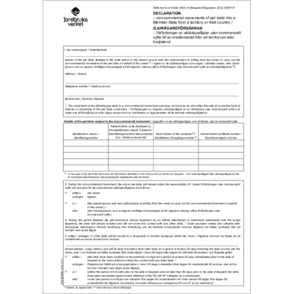 Omslags bild för Declaration  for non-commercial movements of pet birds into a Member State from a territory or third country / Djurägareförsäkran för förflyttningar av sällskapsfåglar utan kommersiellt syfte till en medlemsstat från ett territorium eller tredjeland