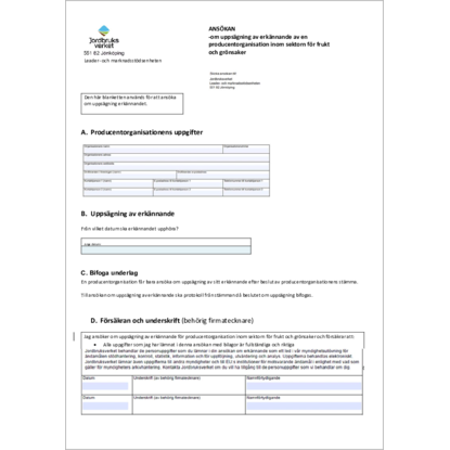 Omslags bild f�r ANS�KAN - om upps�gning av erk�nnande av en producentorganisation inom sektorn f�r frukt och gr�nsaker