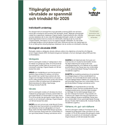 Omslags bild fr Tillgngligt ekologiskt vrutsde av spannml och trindsd fr 2025