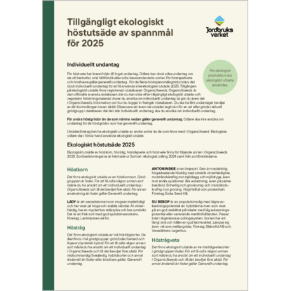 Omslags bild fr Tillgngligt ekologiskt hstutsde av spannml fr 2025