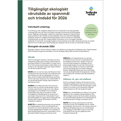 Omslags bild f�r Tillg�ngligt ekologiskt v�ruts�de av spannm�l och trinds�d f�r 2026